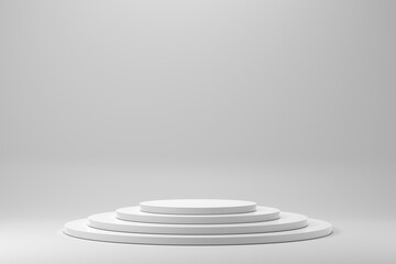 Three layers of a white cylinder podium on an isolated background, white geometric, round realistic pedestal, cosmetic showcase, template, copy space, advertising, product display, 3D Rendering