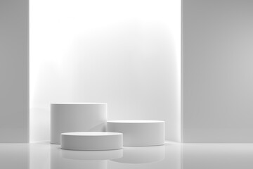 Three white cylinder podiums on an wall background, white geometric, round realistic pedestal, cosmetic showcase, template, copy space, advertising, product display, 3D Rendering
