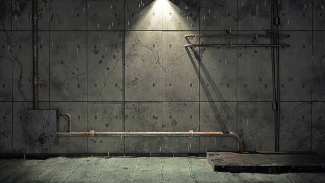 Old dirty cellar flooded from a pipe break. 3d rendering