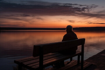 Naklejka na ściany i meble old man sits on a wooden bench at dusk after sunset, looking at the lake Generative AI