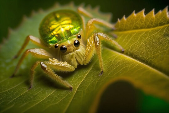 Phintella spider macro shot, cute and shining spider in a green leaf Generative AI