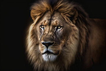 Obraz na płótnie Canvas Portrait of a beautiful lion and copy space. Lion in dark Generative AI