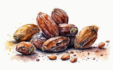 A drawn dates on white background watercolor fruits organic food illustrations Generative AI