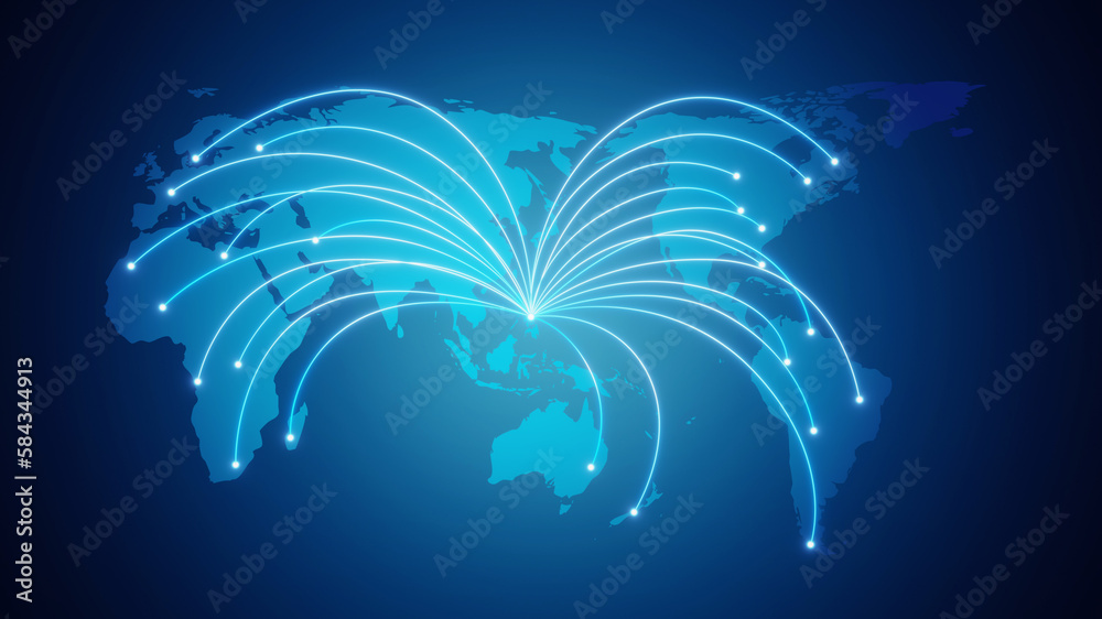 Wall mural globalization and communication concept. earth and luminous rays. 3d rendering