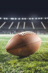 Ball of american football on green field of stadium in the night. Generative AI