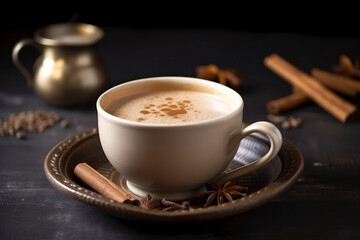 A rich and flavorful cup of chai tea garnished with a dusting of spices. (Generative AI)