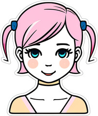 Obraz premium Sticker with a cartoon head of small girl with a hairstyle and a smile on his funny face, with a white frame around