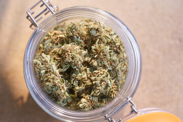 Dry and trimmed cannabis buds stored in a glas jars.