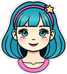 Obraz premium Sticker with a cartoon head of small girl with a hairstyle and a smile on his funny face, with a white frame around