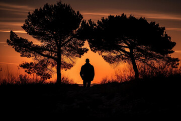 Fototapeta na wymiar silhouette of a man and a pine tree in the sunset Generative AI