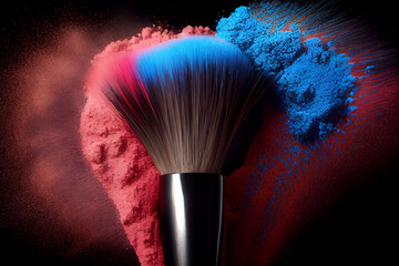 Makeup blush brush with dust. Close up view. Generative AI