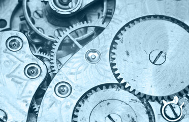 Monochrome Cogwheels Inside Old Clockwork for conceptual working. Tint