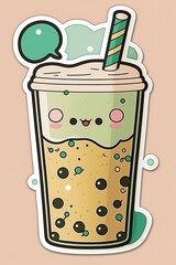 Composition of colorful kawaii cartoon bubble tea sticker on pink background using generative ai technology