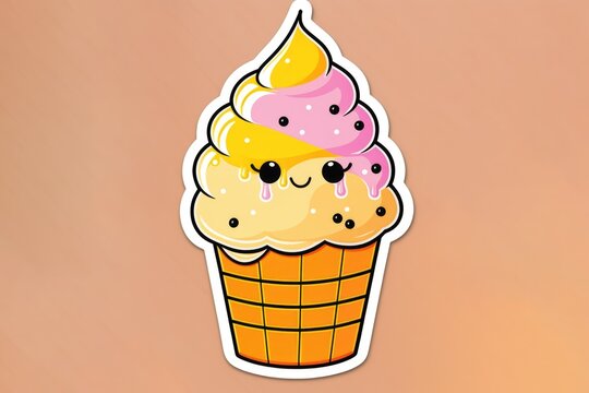 Composition of colorful kawaii cartoon ice-cream sticker on beige backgroundn using generative ai technology