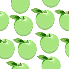 Seamless pattern of ripe green apples with leaves on a white background.Vector pattern for textiles,juice packs, backgrounds.