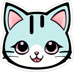 Sticker with a cartoon head of cat with a smile on his funny muzzle, with a white frame around
