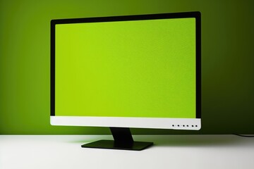 Close up of computer monitor with blank screen and copy space on green background using generative ai technology