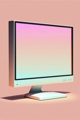 Close up of computer monitor with blank screen and copy space on pink background using generative ai technology