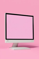 Close up of computer monitor with blank screen and copy space on pink background using generative ai technology
