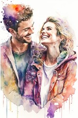 Fototapeta na wymiar Watercolour portrait of smiling couple, created using generative ai technology