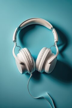 Close up of white headphones with wire on blue background created using generative ai technology