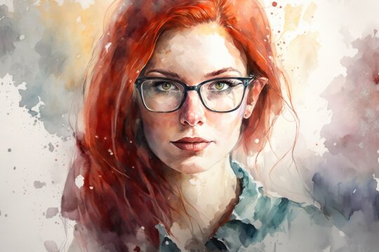 Watercolour portrait of woman with red hair and glasses, created using generative ai technology