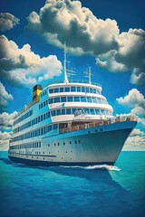 Image of white ferry on sea over blue sky and clouds, created using generative ai technology