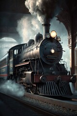 Fototapeta na wymiar Black steam train on tracks at station over clouds, created using generative ai technology
