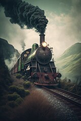 Fototapeta na wymiar Black steam train on tracks over mountains and clouds, created using generative ai technology