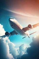 Passenger plane flying through cloudy sky using generative ai technology