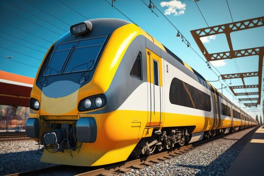 Image of modern yellow train on tracks at station, created using generative ai technology