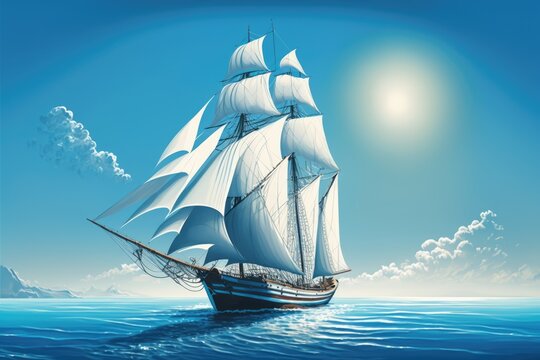 Image of sailing ship on sea over clouds and blue sky, created using generative ai technology