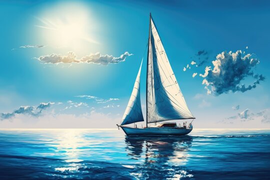 Image of sailing boat on sea over clouds and blue sky, created using generative ai technology