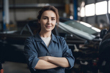 Portrait of a female mechanic working in a repair garage. Generative ai - obrazy, fototapety, plakaty