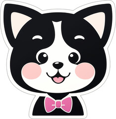 Sticker with a cartoon head of puppy with a smile on his funny muzzle, with a white frame around