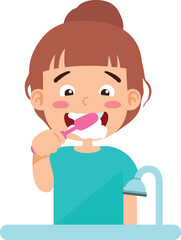 kid girl brushing teeth vector illustration