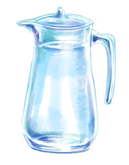 水の入った透き通ったウォーターピッチャーの水彩イラスト( 透過PNG)