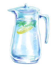 レモンとミントの入ったウォーターピッチャーの水彩イラスト