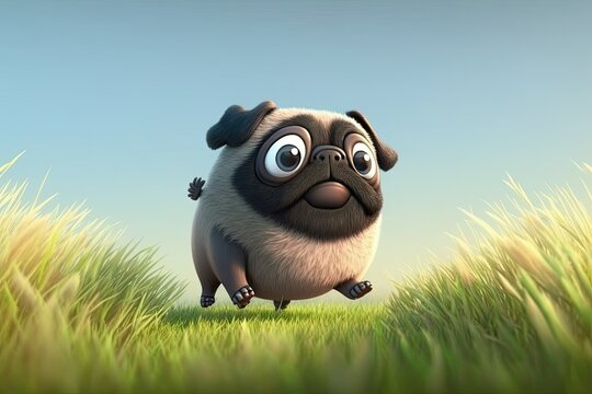 Cute Cartoon Pug Running through a Meadow (Generative AI)	