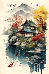Mountain and lake landscape Chinese background. in traditional oriental, minimalistic Japanese style. AI generated 