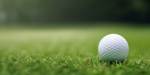 Close up white golf ball on grass field with blurry background, sport and spirit concept. Generative AI