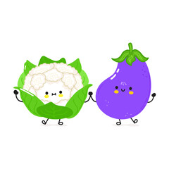 Fototapeta Eggplant and cauliflower card. Vector hand drawn doodle style cartoon character illustration icon design. Happy eggplant and cauliflower friends concept card obraz