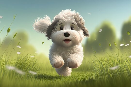 Cute Cartoon AussieDoodle Running through a Meadow (Generative AI)	