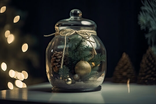 Close-up, Elegant Christmas tree in glass jar decoration. - Generative Ai. festive, holiday, winter, season, celebration, ornament, bauble, sparkle, glitter, shine, shimmer, illumination, reflection. 