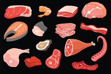 Fototapeta Meat and seafood set concept in the flat cartoon style. Images of different pieces of meat and seafood. Vector illustration. obraz