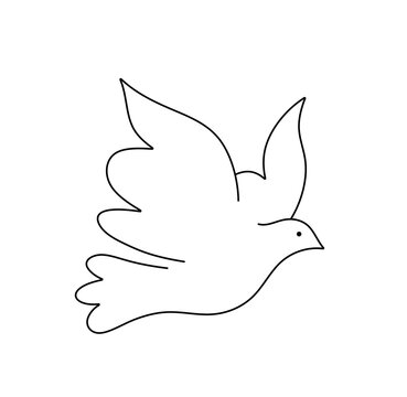 Vector isolated one single cute flying bird dove pigeon side view colorless black and white contour line easy drawing