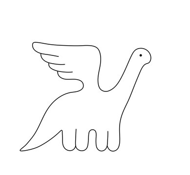 Vector isolated one single winged dinosaur with feathers wings colorless black and white contour line easy drawing