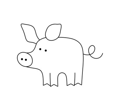 Vector isolated one single cute cartoon funny pig piglet  colorless black and white contour line easy drawing