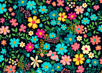 A Ditsy pattern with vivid flowers on a black background. Created with Generative AI.