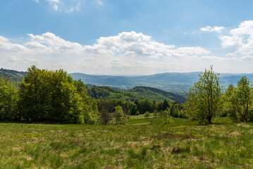 Fototapeta na wymiar Beautiful view bellow Filipka hill summit in Slezske Beskydy mountains in Czech republic